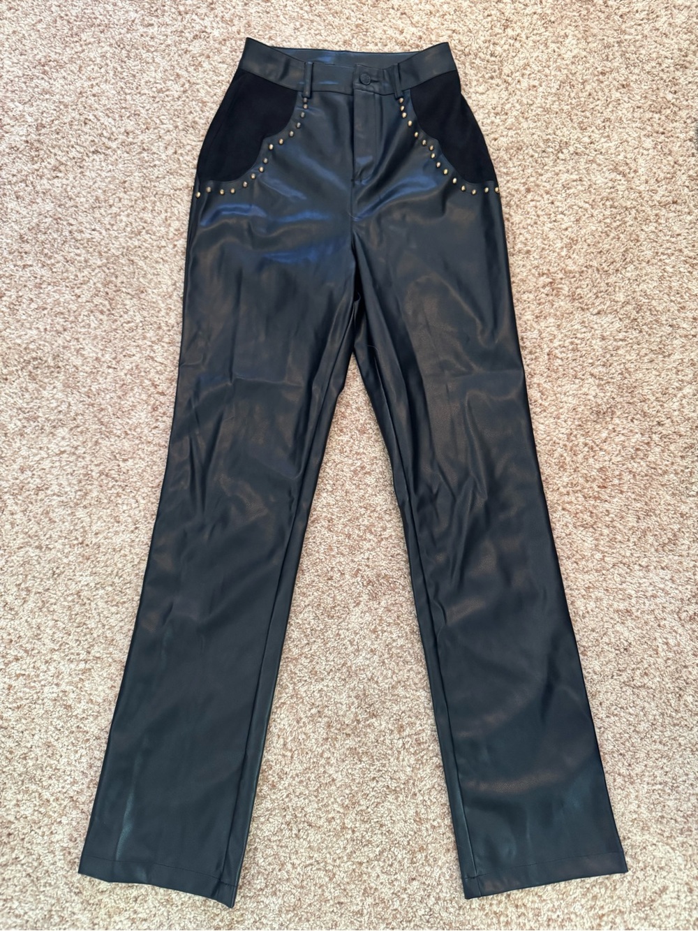 Black Faux Leather Straight-Leg Jeans with Studded Pocket Detail